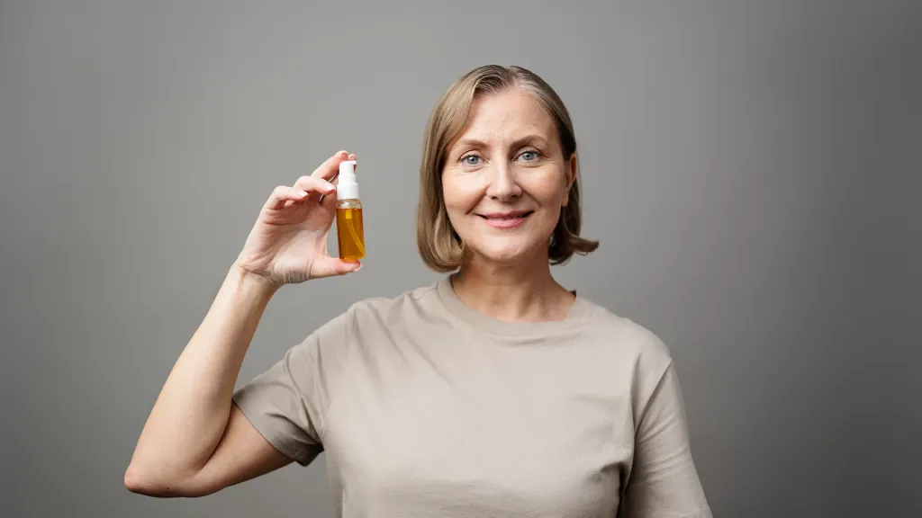 A woman holding a Vitamin C serum, 10 must-have radiant skincare products.